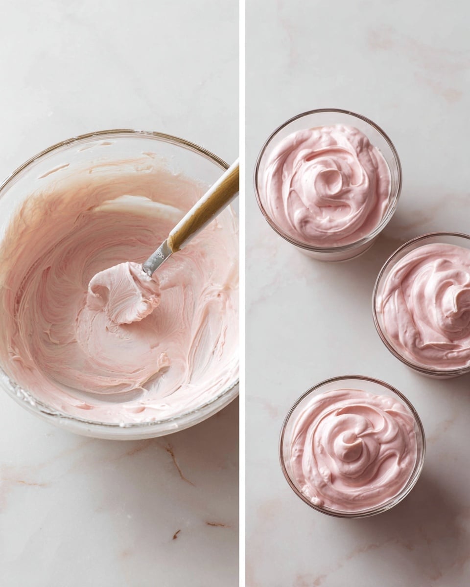 The image shows two scenes of a creamy pink pudding mixture. On the left, there is a clear glass mixing bowl on a white marbled surface, filled with a swirled mix of light pink and white pudding with a wooden-handled spatula resting inside. On the right, there are three small, clear glass cups on the same white marbled surface, each filled with smooth, swirled light pink pudding with a soft texture that has gentle peaks on the surface. The overall look is soft and creamy with a light pastel color palette. Photo taken with an iphone --ar 4:5 --v 7