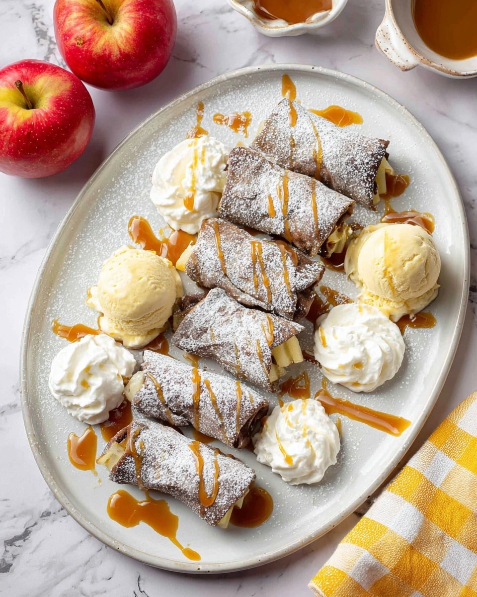 The dish shows six rolled pastries on a large white plate, each lightly dusted with powdered sugar and drizzled with caramel sauce. The rolls are dark brown with a soft, slightly crispy texture. Around the rolls are several dollops of white whipped cream, placed evenly on the plate. Two scoops of pale yellow ice cream sit among the rolls and whipped cream, adding a creamy contrast. The plate is set on a white marbled surface, with two red apples placed near the top left corner and a small bowl of caramel sauce to the top right. A yellow and white checkered cloth peeks in from the bottom left. Photo taken with an iphone --ar 4:5 --v 7