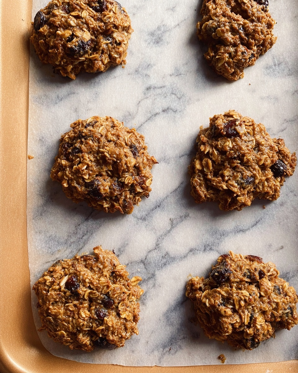 The image shows six unevenly shaped oat cookies on a light brown baking sheet covered with parchment paper. Each cookie has a rough texture with visible oats and dark chunks, possibly raisins or chocolate bits, mixed throughout. The cookies are spaced apart from each other and appear soft and moist. The background beneath the baking sheet is a white marbled surface. photo taken with an iphone --ar 4:5 --v 7