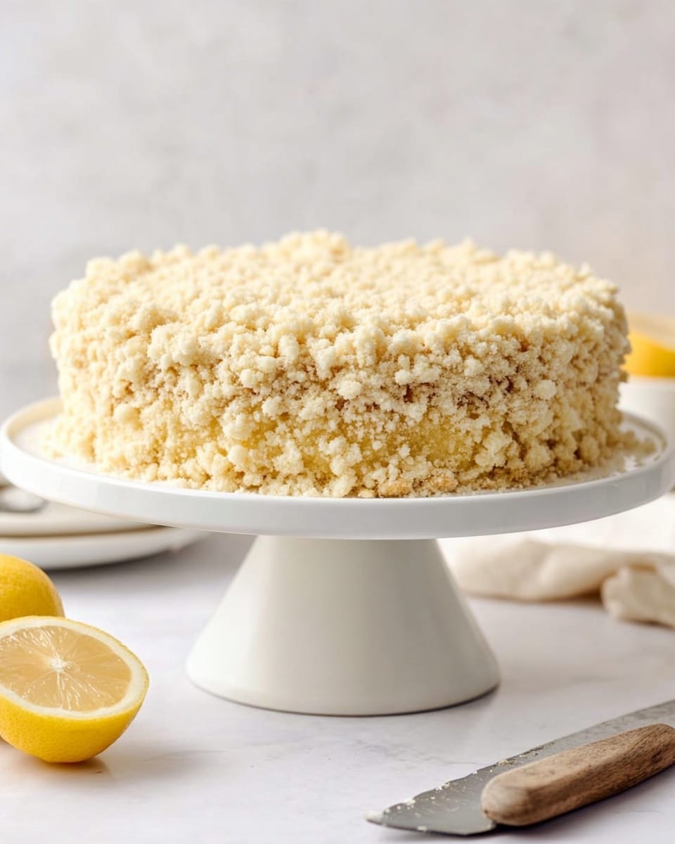 A round cake with a thick layer of light yellow crumb topping covering the entire surface and sides, sitting on a white cake stand with a tall base. The crumb layer looks soft and uneven with small and bigger pieces, giving a textured appearance. In the background, there is a halved lemon placed on a white marbled surface and a large knife with a wooden handle. The overall setting is bright with soft natural light, and the background is a white marbled texture photo taken with an iphone --ar 4:5 --v 7