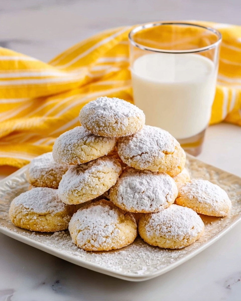 A square white plate filled with about fourteen round cookies stacked and spread around, each cookie light golden brown with a soft texture, dusted evenly with white powdered sugar on top. Behind the plate, there is a clear glass of milk about three-quarters full. The background shows a yellow and white striped cloth draped casually. The surface under the plate and glass is a white marbled texture. photo taken with an iphone --ar 4:5 --v 7