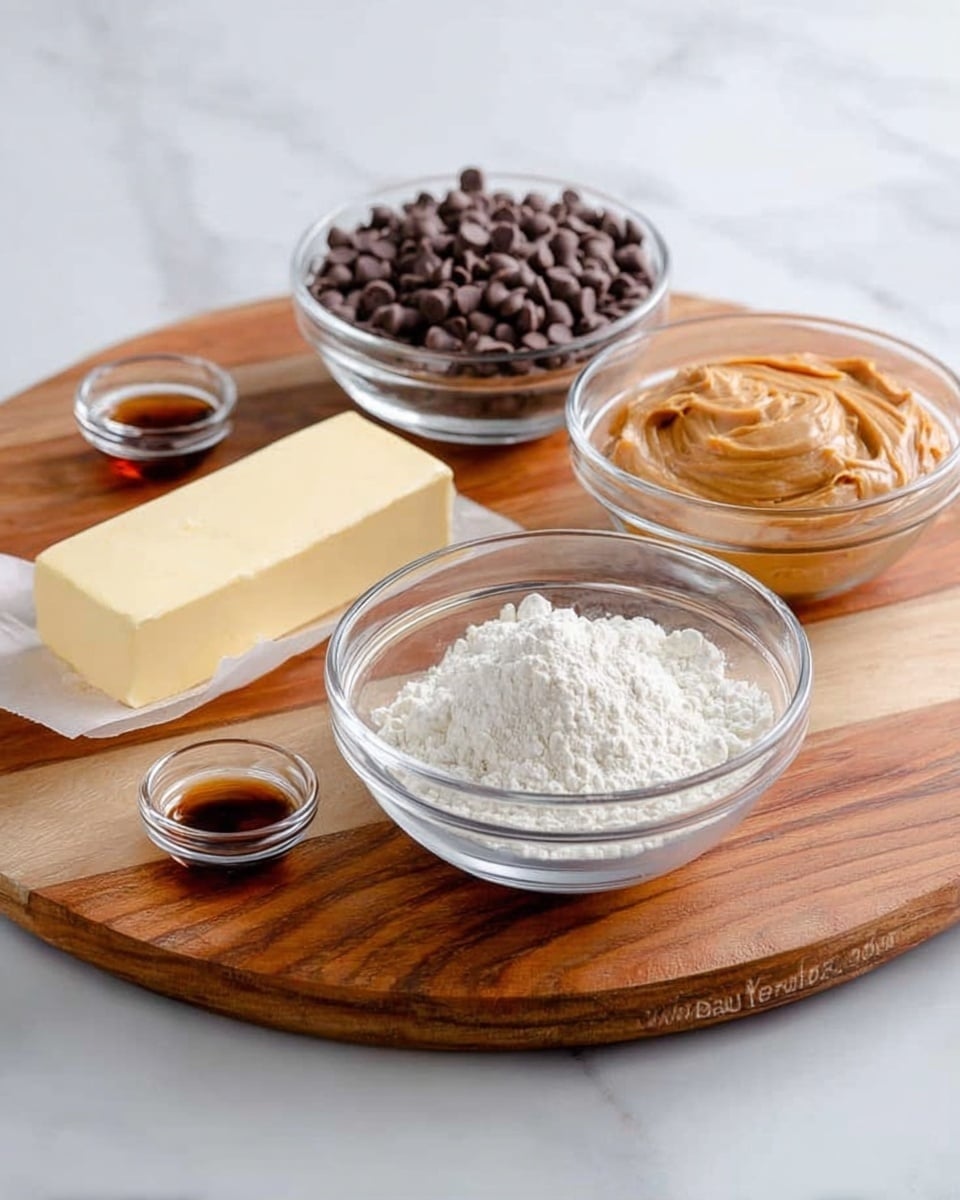 The image shows a set of five clear glass bowls and a stick of butter arranged on a round wooden cutting board placed on a white marbled surface. In the front center bowl, there is a white powdery ingredient. Behind it to the left is a bowl filled with small chocolate chips in dark brown color. To the right of the chocolate chips bowl, there is a bowl of light brown creamy peanut butter. Next to the peanut butter and slightly in front is a stick of pale yellow butter wrapped in paper. In front of the butter is a tiny bowl containing a small amount of dark brown liquid vanilla extract. Photo taken with an iphone --ar 4:5 --v 7