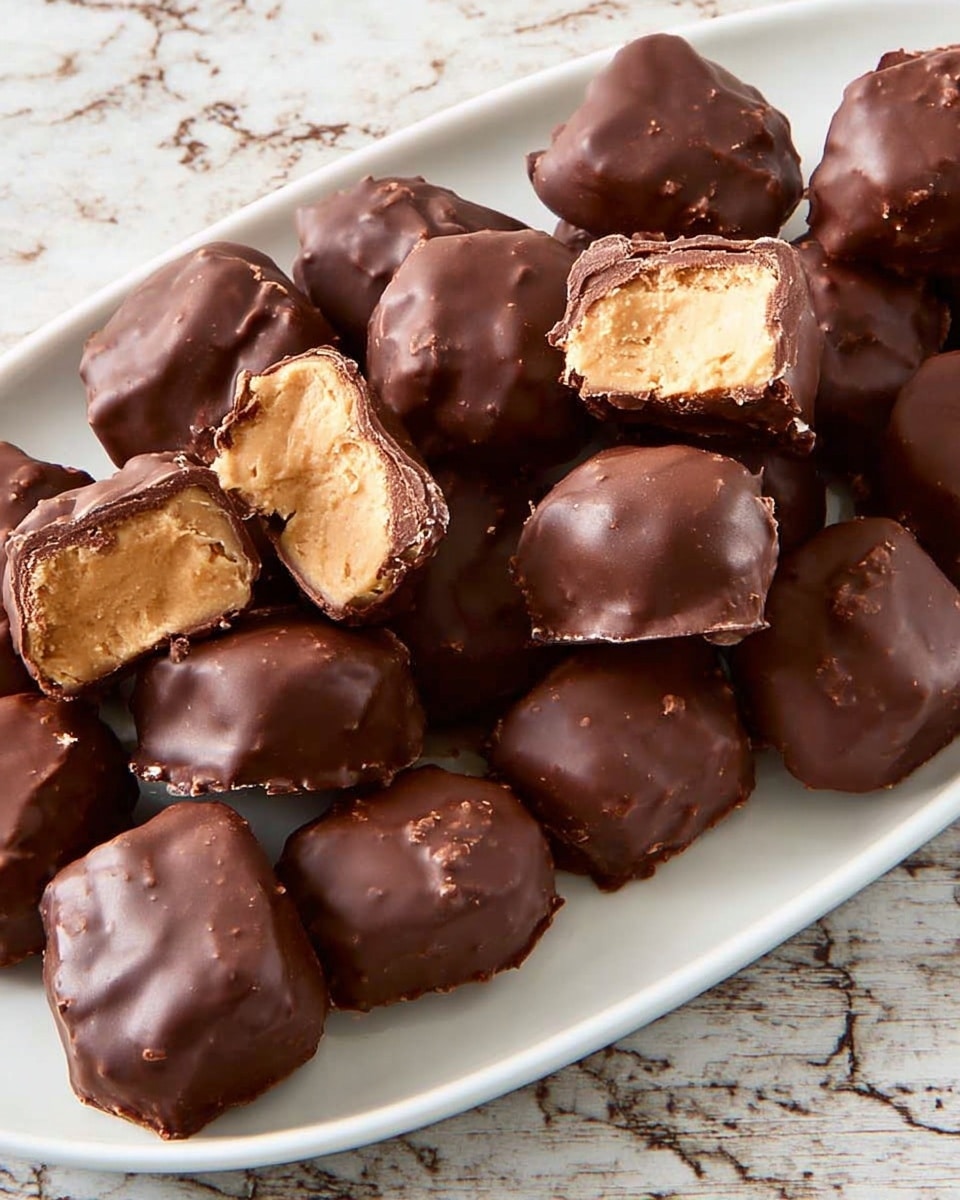 The image shows a long white plate filled with several small irregular-shaped chocolate-covered treats. Each piece is coated in a smooth dark brown chocolate layer with a slightly shiny texture. Some pieces are broken open, revealing a dense, light tan inside that looks soft and creamy. The plate is placed on a white marbled surface, and the treats are arranged closely together, giving a rich, inviting look. Photo taken with an iphone --ar 4:5 --v 7
