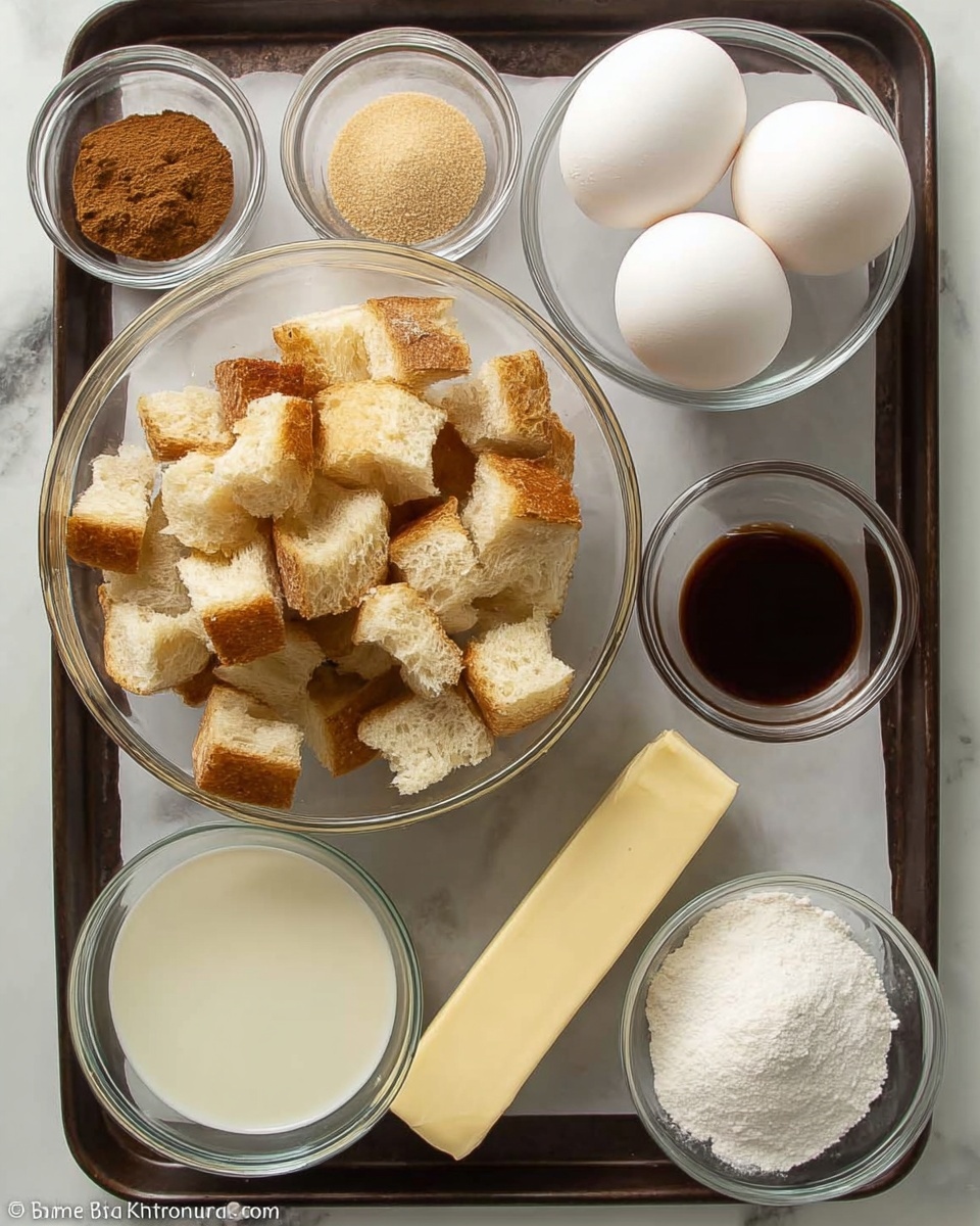 The image shows a dark baking tray with several small glass bowls and two eggs placed on a white marbled surface. In the middle, there is a clear glass bowl filled with many small cubes of white bread with golden brown crusts. At the top left, a small bowl contains ground cinnamon, and beside it, two white eggs rest directly on the tray. To the right of the bread bowl, a small bowl holds dark brown vanilla extract, and next to it is a stick of pale yellow butter lying horizontally. Above the butter, another small bowl contains light brown sugar. At the bottom left, a bowl of milk is visible, and next to it on the right, there is a small bowl filled with fine white sugar. All ingredients are neatly arranged in a balanced layout. Photo taken with an iphone --ar 4:5 --v 7