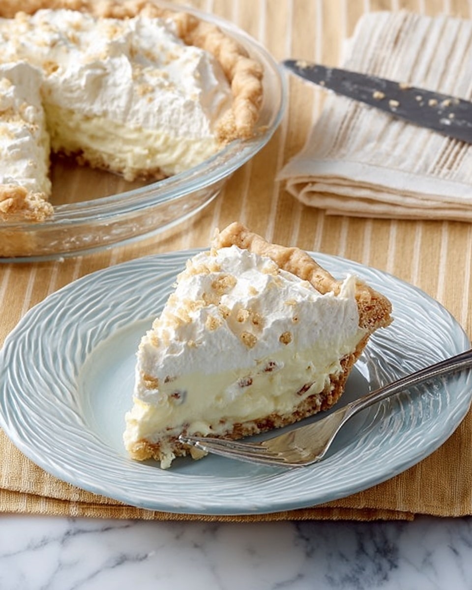 A single slice of pie sits in the middle of a white decorative plate with a textured swirl edge, showing three layers: a thick, golden-baked crust with folded edges; a creamy white filling with small bits inside giving it a slightly chunky texture; and a fluffy white topping layered unevenly on top. Next to the plate, a silver fork lies horizontally on a white marbled surface. Behind the plate, the pie dish holds the remaining pie with the same layers visible, and a knife with cream residue rests nearby. The setting is on a beige and white striped cloth background. photo taken with an iphone --ar 4:5 --v 7