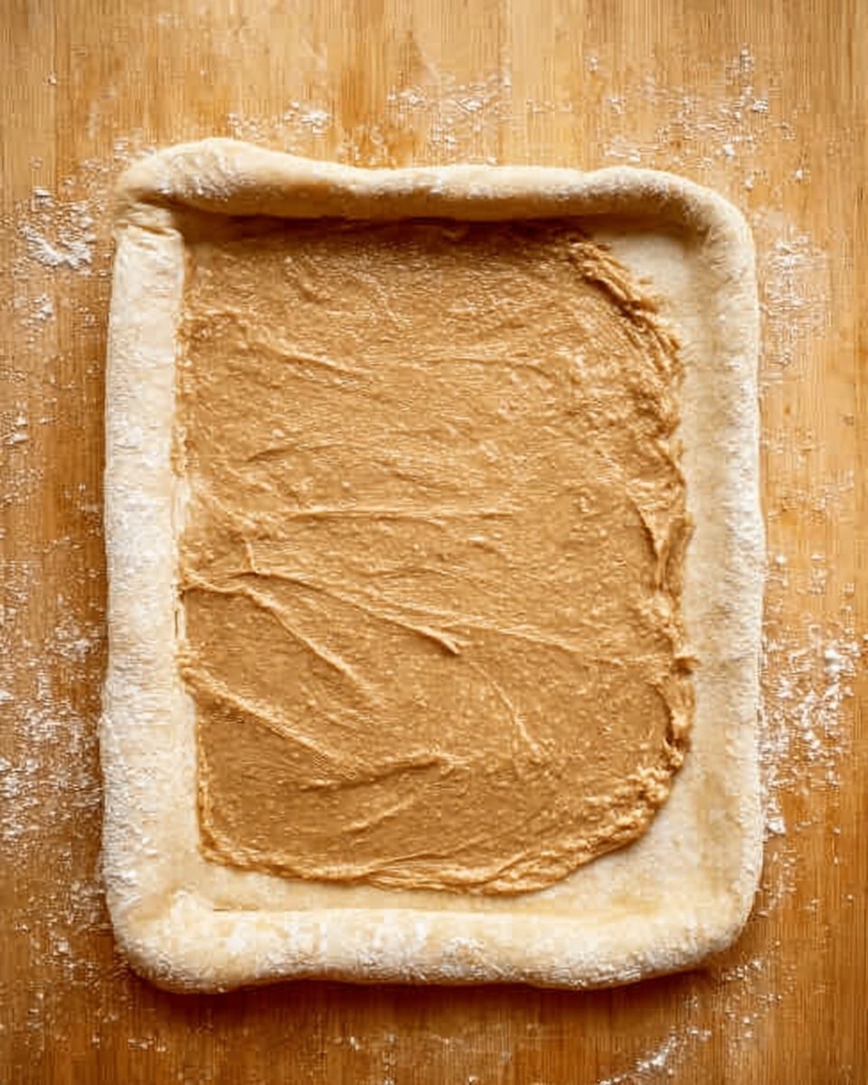A rectangular piece of dough is laid flat on a wooden surface, with the edges folded over slightly to create a raised border. Inside the dough, a light brown, smooth mixture is spread evenly, filling most of the rectangle but stopping before the folded edge. The dough looks soft with a pale cream color and a slightly floured texture. The wooden surface underneath is light brown and has a slightly worn texture. No other objects or utensils are visible. Photo taken with an iphone --ar 4:5 --v 7