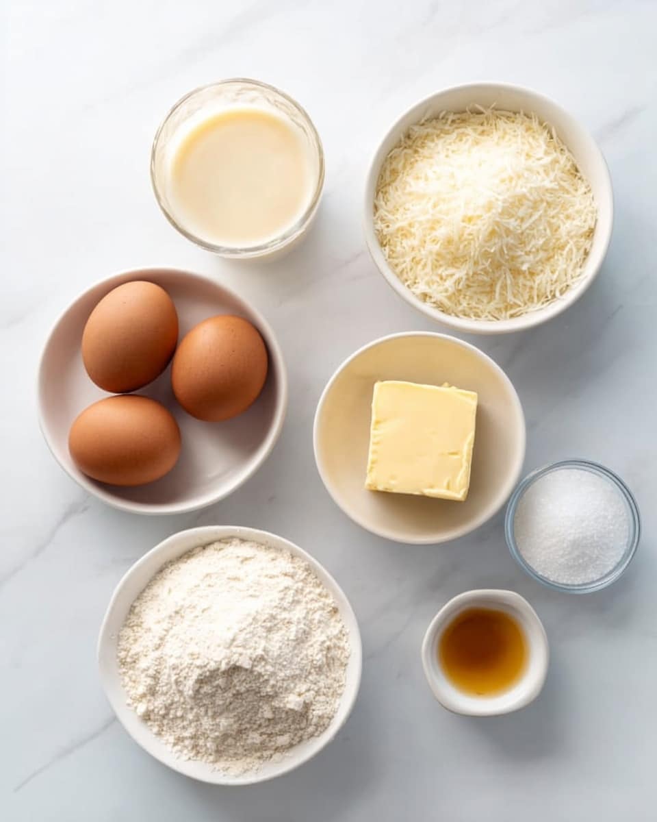 The image shows seven small white bowls and a glass arranged neatly on a white marbled surface. The top left has a clear glass filled with a pale creamy liquid, while below it is a white bowl holding four brown eggs. To the right of the eggs is another bowl filled with shredded coconut, and above it is a bowl of white flour. To the right of the shredded coconut is a small glass bowl with a rectangular piece of yellow butter. Beside the butter sits a small white bowl containing a small amount of golden brown liquid, likely vanilla or syrup. In front of the butter and liquid is a bowl full of granulated white sugar, completing the arrangement. The photo taken with an iphone --ar 4:5 --v 7