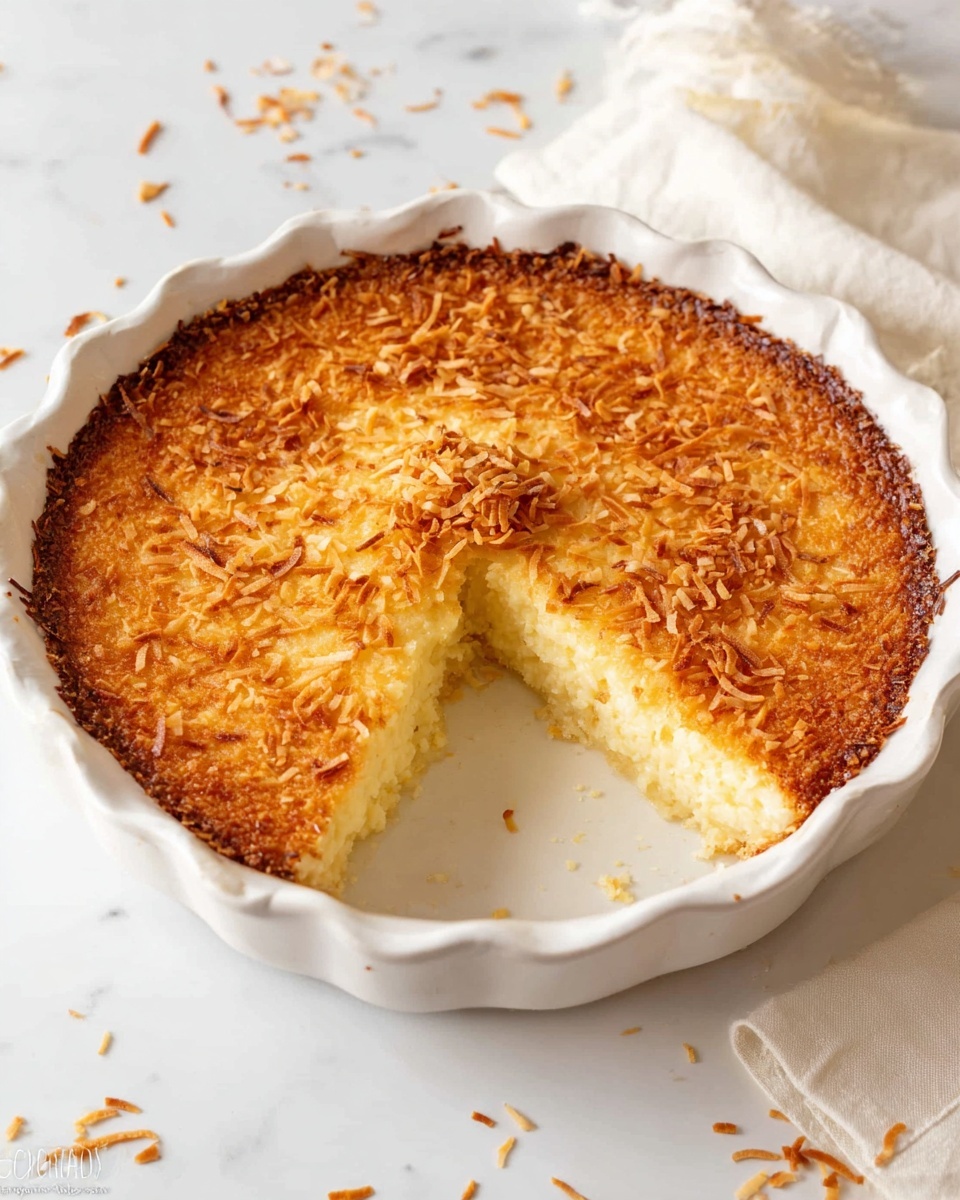 The image shows a single-layer round coconut pie in a white pie dish with wavy edges. The pie has a thick, golden-brown crust on top sprinkled with toasted coconut shreds, creating a textured, slightly rough surface. One slice is missing, revealing the soft, pale yellow inside, which looks moist and dense. The pie sits on a white marbled surface with some scattered coconut flakes nearby and a cream-colored cloth folded to the side. Photo taken with an iphone --ar 4:5 --v 7