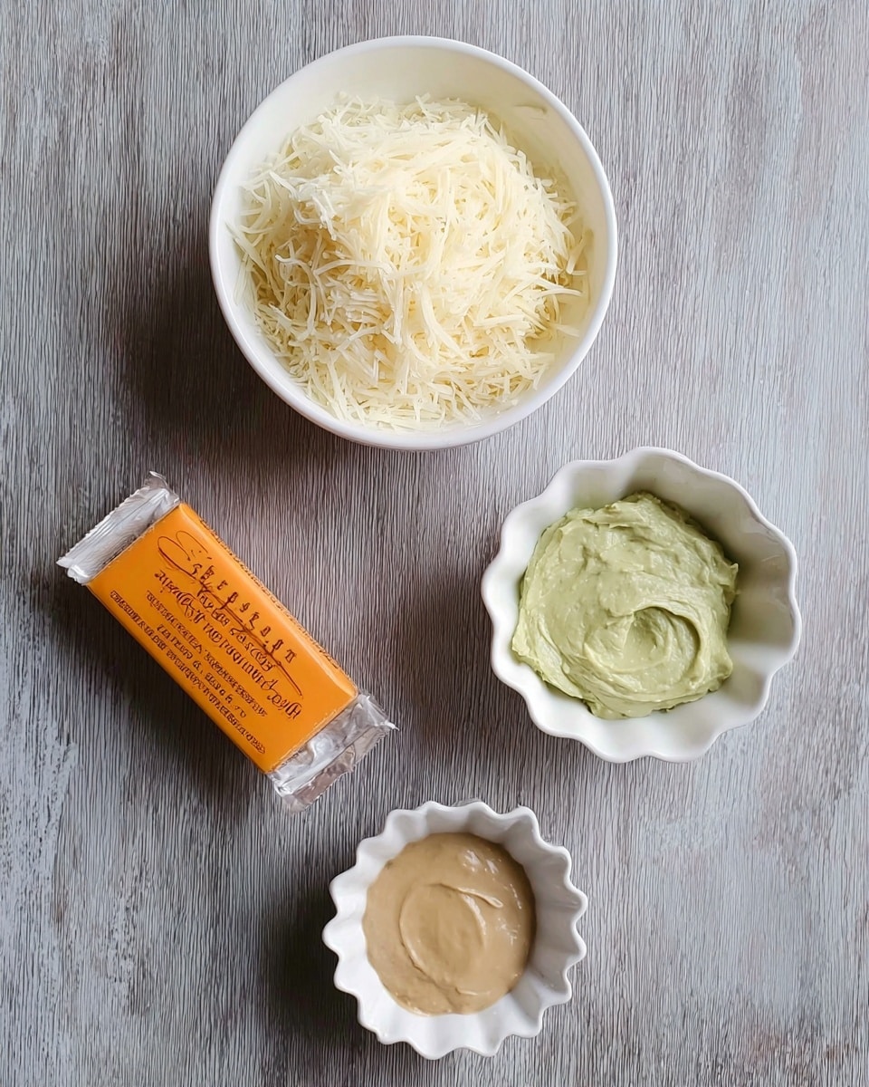 The image shows a top view of four items placed on a dark wooden surface changed to a white marbled texture. At the top is a white bowl filled with thin, pale cream-colored shredded strands that look soft and light. Below this bowl, slightly to the left, is a stick of butter wrapped in orange-yellow paper with black text. To the right of the butter is a small white scalloped bowl holding a smooth, light brown sauce or paste. At the bottom right is another white bowl filled with a thick, creamy green spread that looks soft and rich. The colors contrast well on the white marbled background, creating a simple and clean arrangement. photo taken with an iphone --ar 4:5 --v 7