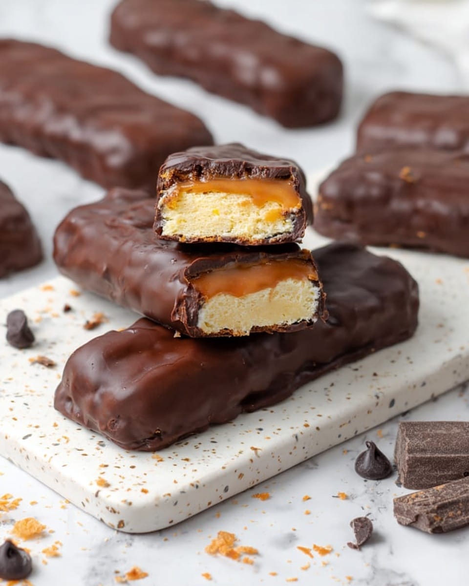 The image shows several chocolate-covered candy bars arranged on a white speckled board. The bars are long and smooth with a shiny dark brown chocolate coating. Two of the bars are cut in half and stacked on top, revealing three inside layers: a light yellow bottom layer with a crumbly texture, a middle caramel layer that is soft and golden, and a thin white nougat layer on top. Scattered small dark chocolate chips and broken pieces of chocolate surround the bars on the board. The overall setting is neat with a clean white marbled surface background. photo taken with an iphone --ar 4:5 --v 7
