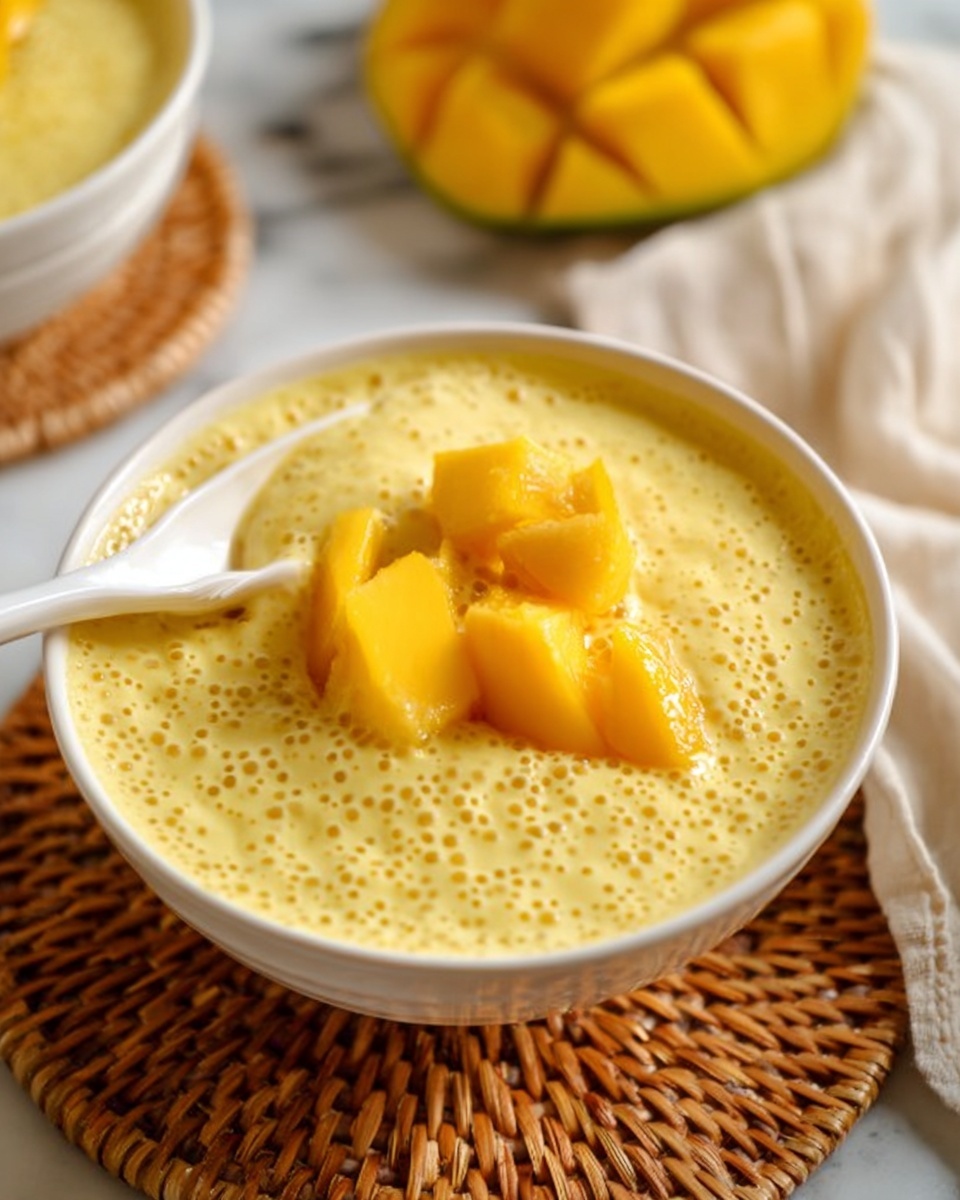 A white bowl filled with a creamy yellow pudding that has small bubbles on the surface, topped with three pieces of bright yellow mango chunks sitting in the middle; a white spoon is resting on the left edge of the bowl, and the bowl is placed on a woven bamboo mat with a soft focus of another bowl filled with mango pieces in the background, all on a white marbled surface. photo taken with an iphone --ar 4:5 --v 7