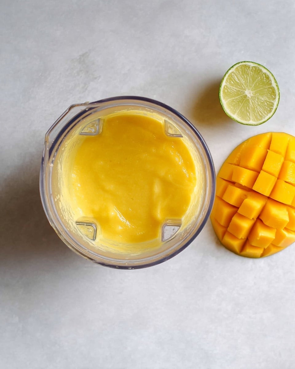 A clear blender jar is shown from above with bright yellow thick smoothie inside that looks creamy and slightly lumpy. To the right, there is a halved lime with a pale green inside and a peeled mango piece scored in a diamond pattern showing a glossy, rich yellow-orange flesh. The items are placed on a white marbled surface. photo taken with an iphone --ar 4:5 --v 7