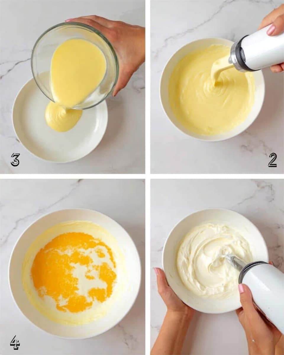 The image is divided into four parts showing steps of mixing a creamy yellow batter. In the first part, a woman's hand holds a glass bowl pouring a pale yellow liquid over a white plate on a white marbled surface. The second part shows a woman's hand holding a white bowl with thick white cream being mixed by a hand blender from the top right corner. The third part has a white bowl filled with white cream on a white marbled surface with an orange-yellow mixture poured on top in the center. The last part shows a woman's hand holding the white bowl while a hand blender mixes a smooth, thick bright yellow batter inside. Photo taken with an iphone --ar 4:5 --v 7
