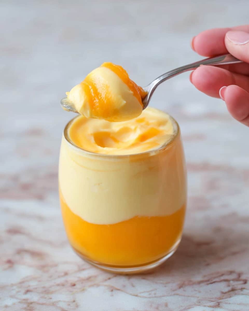 This image shows a clear glass cup with three layers of creamy dessert. The bottom layer is a bright orange smooth puree. On top of that is a thick pale yellow creamy layer that fills most of the cup. The top layer is a small amount of the same orange puree, slightly swirled on the pale yellow cream. A silver spoon is held by a woman's hand above the cup, holding a spoonful that shows both the orange layer on top and the pale yellow cream underneath. The background is a white marbled texture. photo taken with an iphone --ar 4:5 --v 7