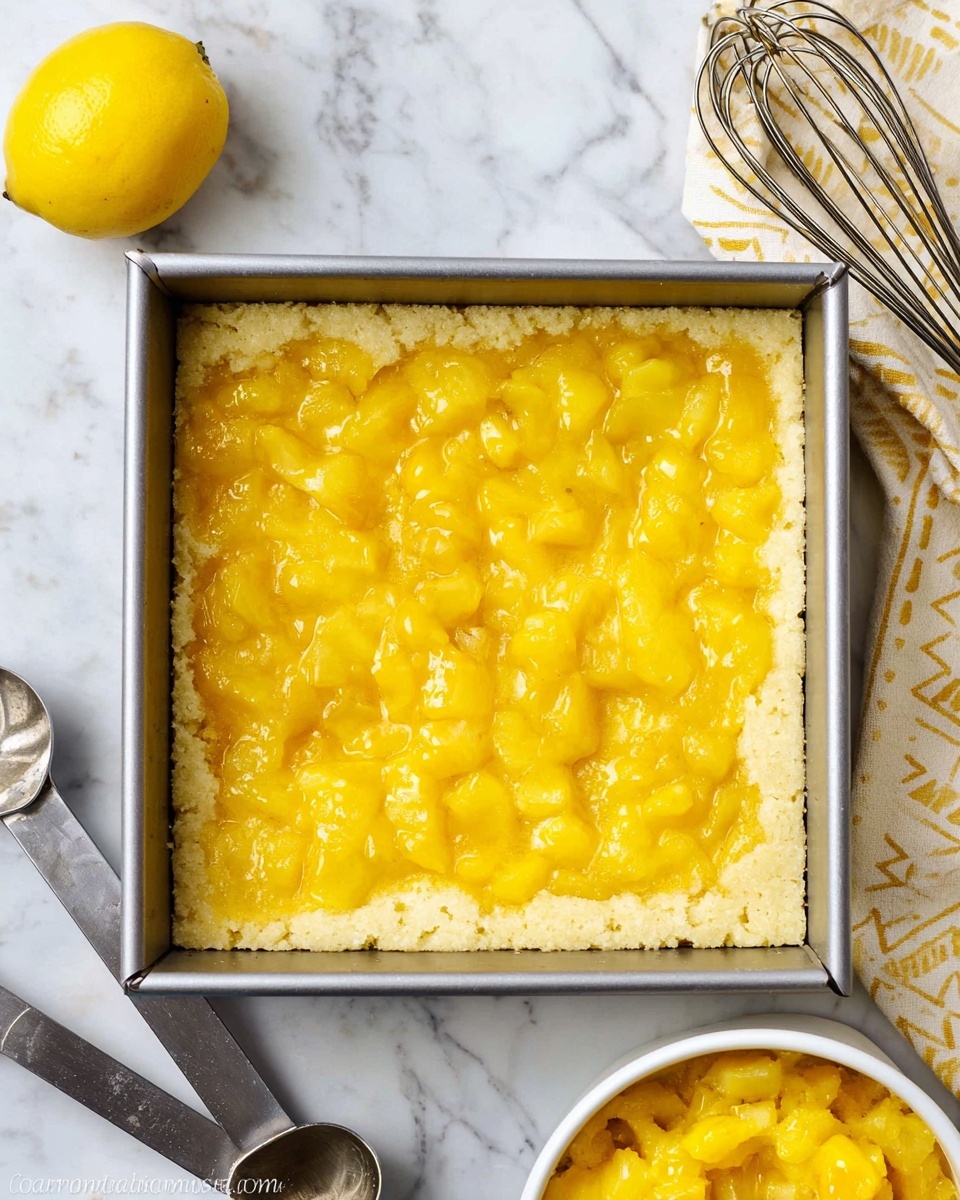 A square baking pan holds a dessert with two layers visible: the bottom layer is a light golden crust with a slightly rough texture, and the top layer is a thick, bright yellow fruit mixture that looks soft and chunky with visible small fruit pieces. The pan sits on a white marbled surface, with a whole yellow fruit placed above it, some silver measuring spoons on the bottom left, and a white bowl filled with the same yellow fruit mixture on the bottom right. A cream-colored cloth with a geometric pattern and a wire whisk are positioned in the upper right corner of the image. Photo taken with an iphone --ar 4:5 --v 7