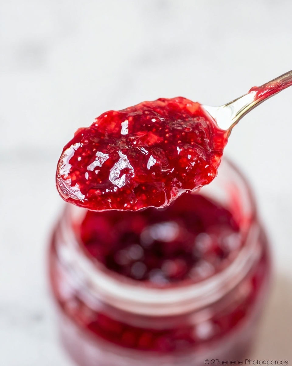 A close-up image shows a spoon holding a shiny, thick red jam with visible chunks of fruit and a smooth, sticky texture. The jam on the spoon has a rich, deep red color with some lighter red spots and a glossy surface reflecting light. In the background, there is a white jar filled with more of the same red jam, slightly blurred to keep focus on the spoon. The background surface is a white marbled texture. photo taken with an iphone --ar 4:5 --v 7