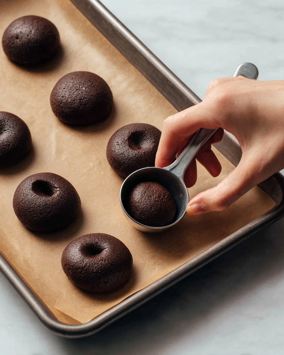 A close-up image shows a woman's hand pressing a metal measuring spoon into a dark brown cookie dough ball on a baking tray lined with light brown parchment paper. The tray holds six dough balls in total, each one a deep, rich chocolate color with a soft matte texture. The spoon presses into one dough ball, creating a small indentation while other dough balls remain round. The tray is on a white marbled surface that adds a clean, bright contrast to the dark dough and the metal spoon, highlighting the shapes and textures clearly photo taken with an iphone --ar 4:5 --v 7