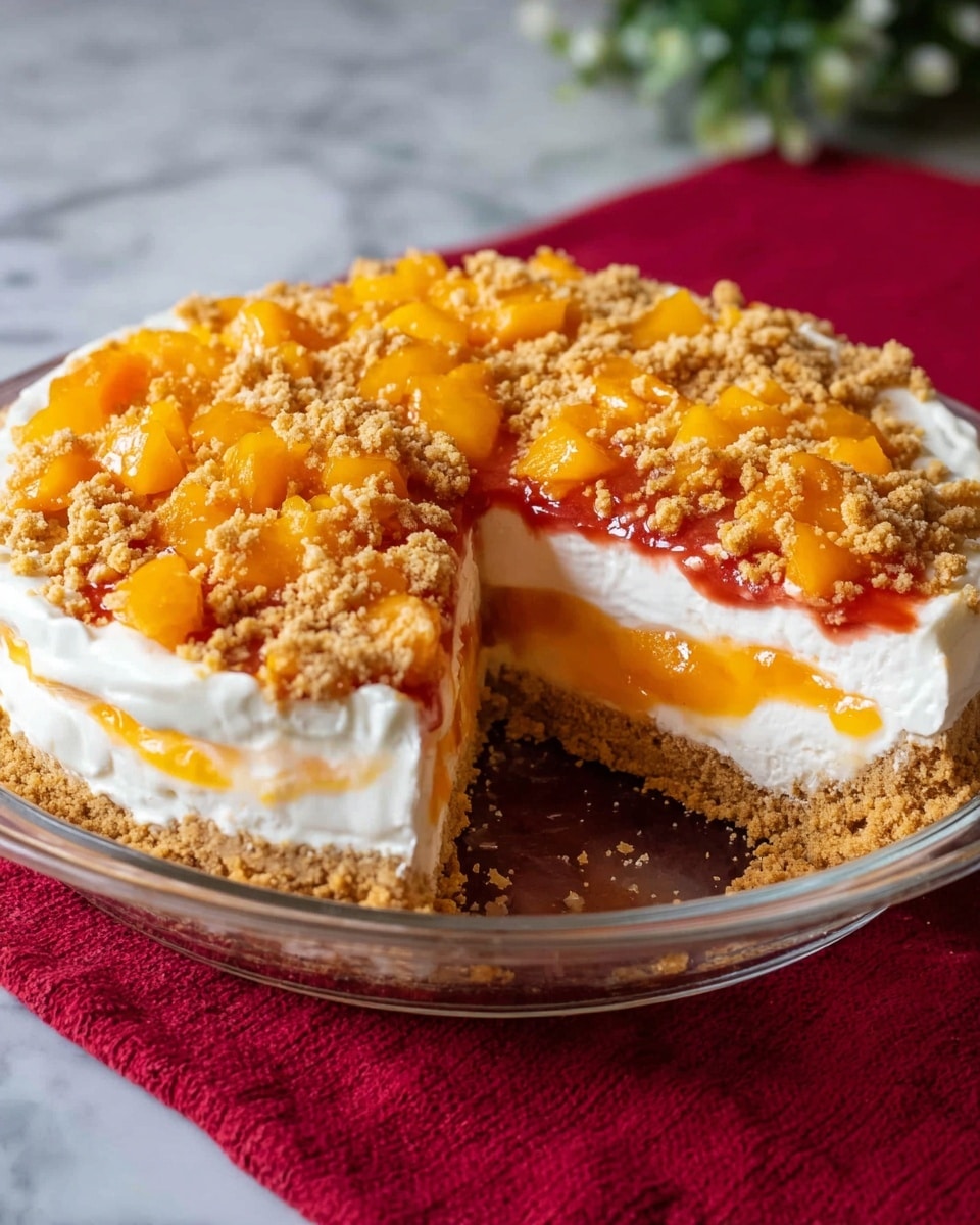 The image shows a pie on a clear glass plate sitting on a red cloth, with a white marbled surface underneath. The pie has three main layers: the bottom layer is a crumbly light brown crust, above it is a thick white creamy layer, then a bright orange fruit layer, followed by another thick white creamy layer, and topped with chunks of the same orange fruit and scattered crumbs from the crust. The pie has a slice cut out, showing all the layers clearly. Photo taken with an iphone --ar 4:5 --v 7