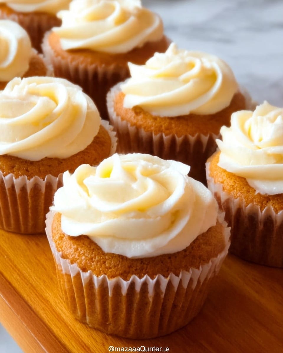 The image shows a close-up of six golden brown cupcakes in white paper liners arranged closely together on a wooden surface. Each cupcake is topped with one layer of smooth, creamy white frosting, swirled into a rounded rose shape with soft peaks. The texture of the cupcakes looks moist and slightly crumbly. The lighting highlights the creamy frosting and the warm tone of the cake beneath. The background is a white marbled texture. photo taken with an iphone --ar 4:5 --v 7