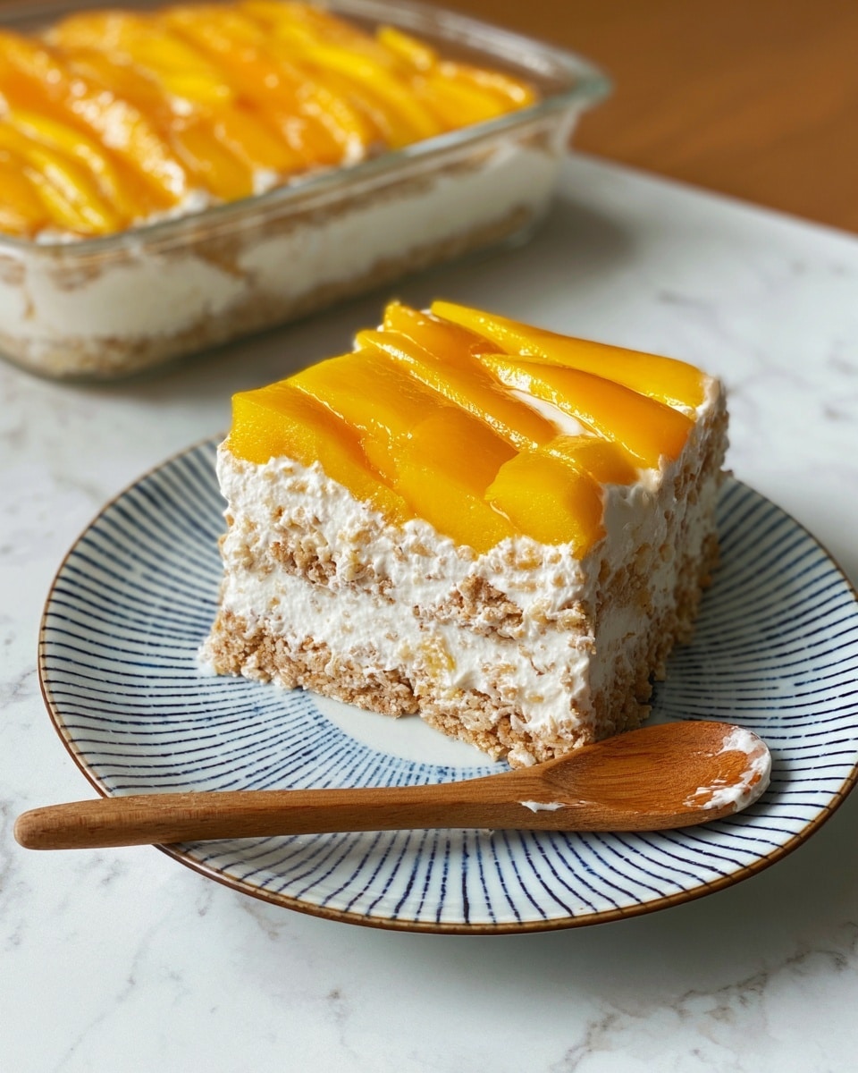 A square slice of mango dessert sits on a white plate with thin blue lines radiating outward. The dessert has three visible layers: the bottom layer is light brown with a crumbly texture, the middle layer is creamy white with bits of crunchy pieces mixed in, and the top layer is bright yellow-orange mango slices neatly arranged in parallel lines. The square glass dish holding the dessert shows the creamy white middle and light brown crumbly layers through its clear sides. A wooden spoon with a little bit of the creamy mixture lies on the right side on a white marbled surface. Photo taken with an iphone --ar 4:5 --v 7