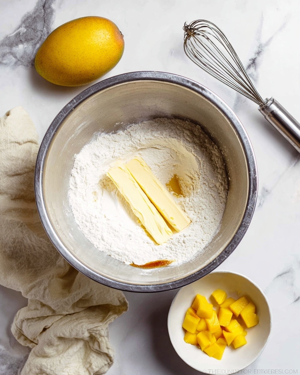 A large metal mixing bowl sits on a white marbled surface, holding a layer of white flour topped with two long sticks of pale yellow butter, with a small splash of brown vanilla extract on the flour. To the top left of the bowl, there is a whole bright yellow mango, and to the bottom right, a small white bowl containing yellow mango pieces. Nearby, there are silver measuring spoons and a metal whisk resting on a light cream cloth. Photo taken with an iphone --ar 4:5 --v 7