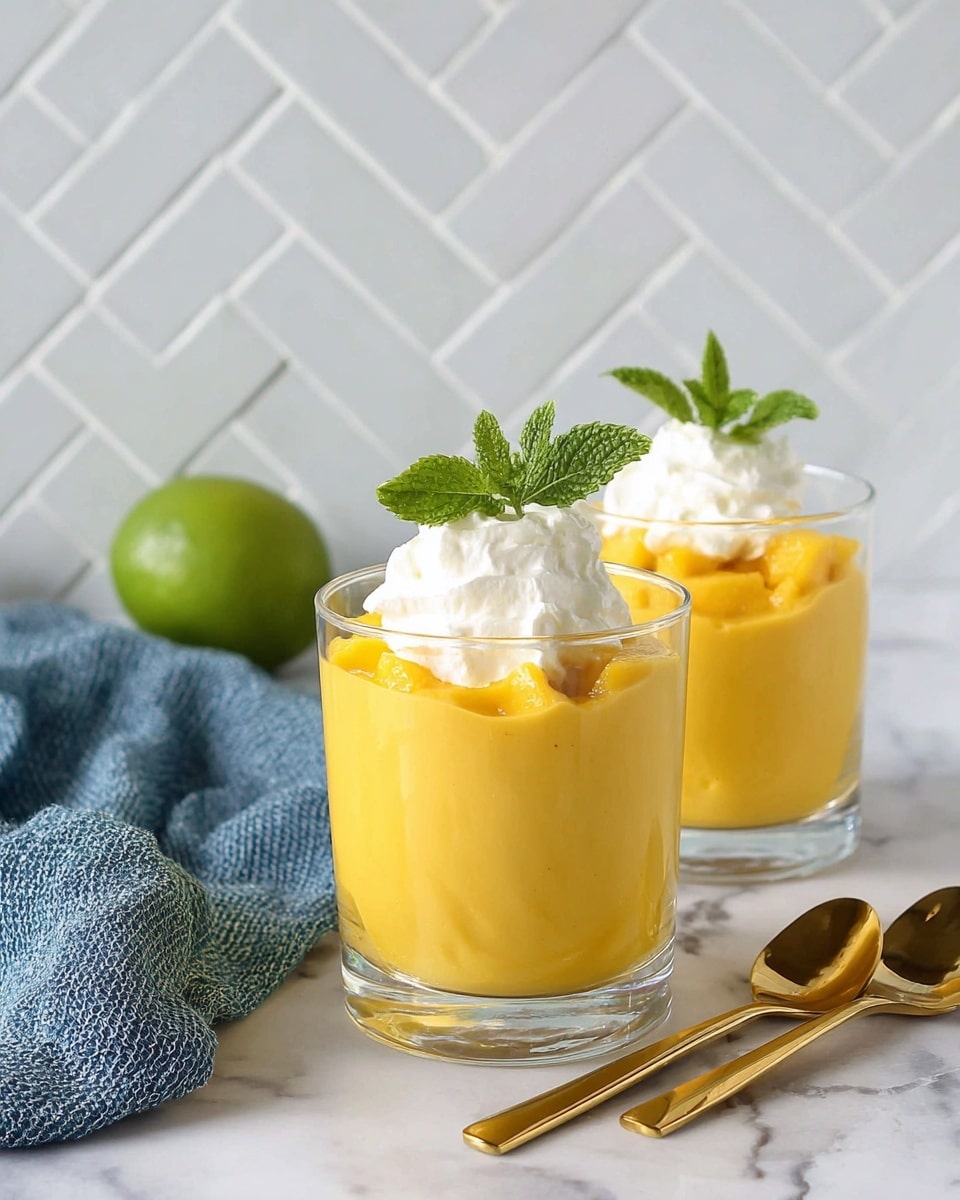 Two clear glasses sit on a white marbled surface, each filled with one thick layer of bright yellow mango pudding topped with a dollop of white whipped cream. On top of the whipped cream, there is a small sprig of fresh green mint leaves. A green lime and a folded blue cloth are in the background on the left side. Near the front right, two golden spoons lie next to the glasses. The background shows a white marbled tile wall with a herringbone pattern. The lighting is soft and natural, highlighting the smooth texture of the pudding. Photo taken with an iphone --ar 4:5 --v 7