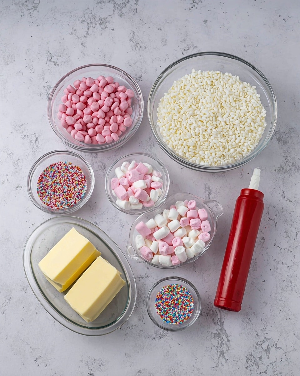 The image shows six clear glass bowls and a small red tube arranged on a white marbled surface. The largest bowl at the back right is filled with white puffed rice. To its left, a slightly smaller bowl holds small pink candy melts that have a smooth, round shape. In front of these, another bowl is filled with light pink and white mini marshmallows, adding a soft, fluffy texture. Near the front left, a clear oval dish holds three thick slices of yellow butter. To the right of the butter, two small bowls feature tiny decorations: one with small colorful round sprinkles and the other with small heart and round-shaped pink and white sugar decorations. A red tube of food coloring lies next to these small bowls. The arrangement is neat and well spaced. photo taken with an iphone --ar 4:5 --v 7