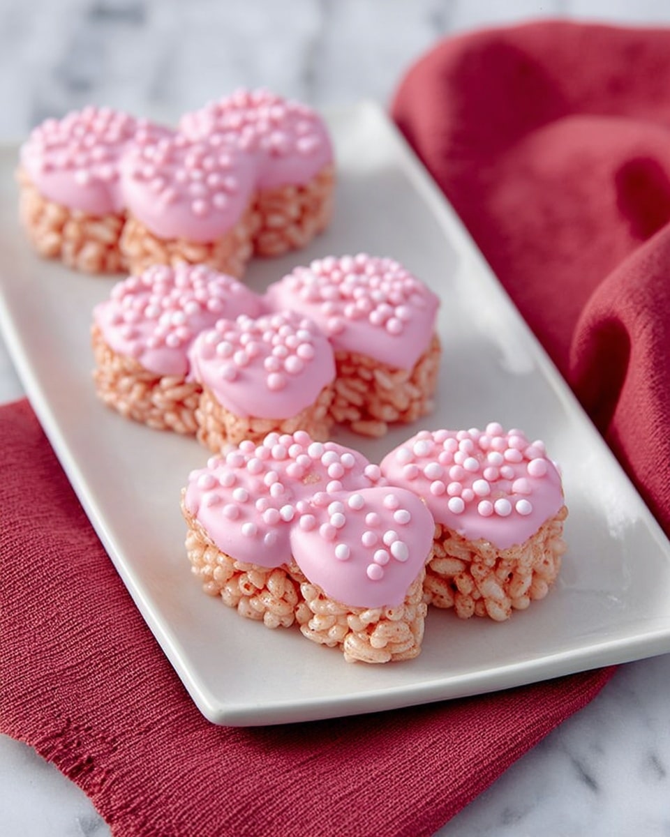 The image shows heart-shaped treats made from puffed rice cereal held together, with one side of each heart dipped in smooth pink coating sprinkled with small round pink candy decorations. The puffed rice part is light brown with a crispy texture, while the pink coating is shiny and soft-looking. They are arranged neatly on a white rectangular plate, which sits on a white marbled surface. Behind the plate is a folded red cloth with a soft texture. Photo taken with an iphone --ar 4:5 --v 7
