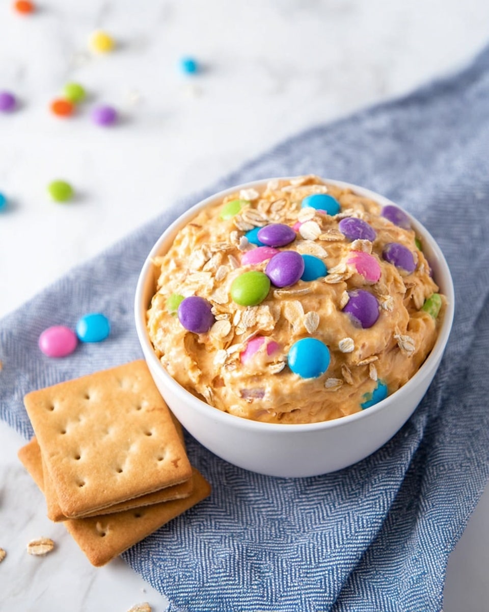 A white bowl is filled with a thick, creamy, light orange mixture with colorful round candy pieces in purple, blue, green, and pink embedded and sprinkled on top. Light tan rolled oats are scattered over the surface of the mixture. Next to the bowl, there are three light brown graham crackers stacked on a blue and white textured cloth, lying on a white marbled surface. Some colorful candy pieces are also scattered near the bowl. photo taken with an iphone --ar 4:5 --v 7