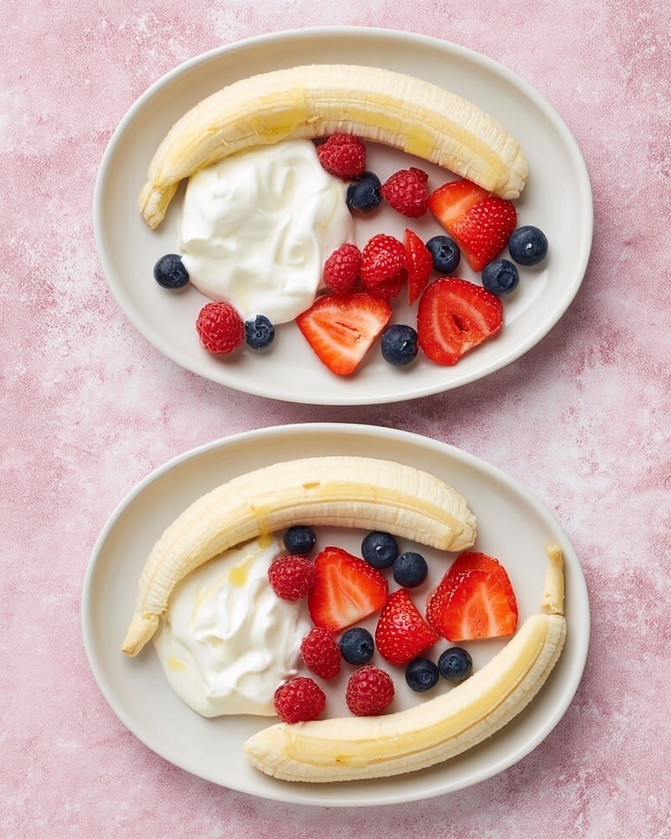 The image shows two white round plates on a white marbled surface with a pink textured background. Each plate has two long banana slices curved along the edge. On the left plate, there is a large dollop of white creamy yogurt placed between the two banana slices. On the right plate, the same banana and yogurt layout is topped with a colorful mix of berries including red strawberries sliced in halves, whole red raspberries, and small dark blue blueberries scattered evenly over the yogurt and bananas. The colors contrast well with the white plate and the soft pink background. photo taken with an iphone --ar 4:5 --v 7