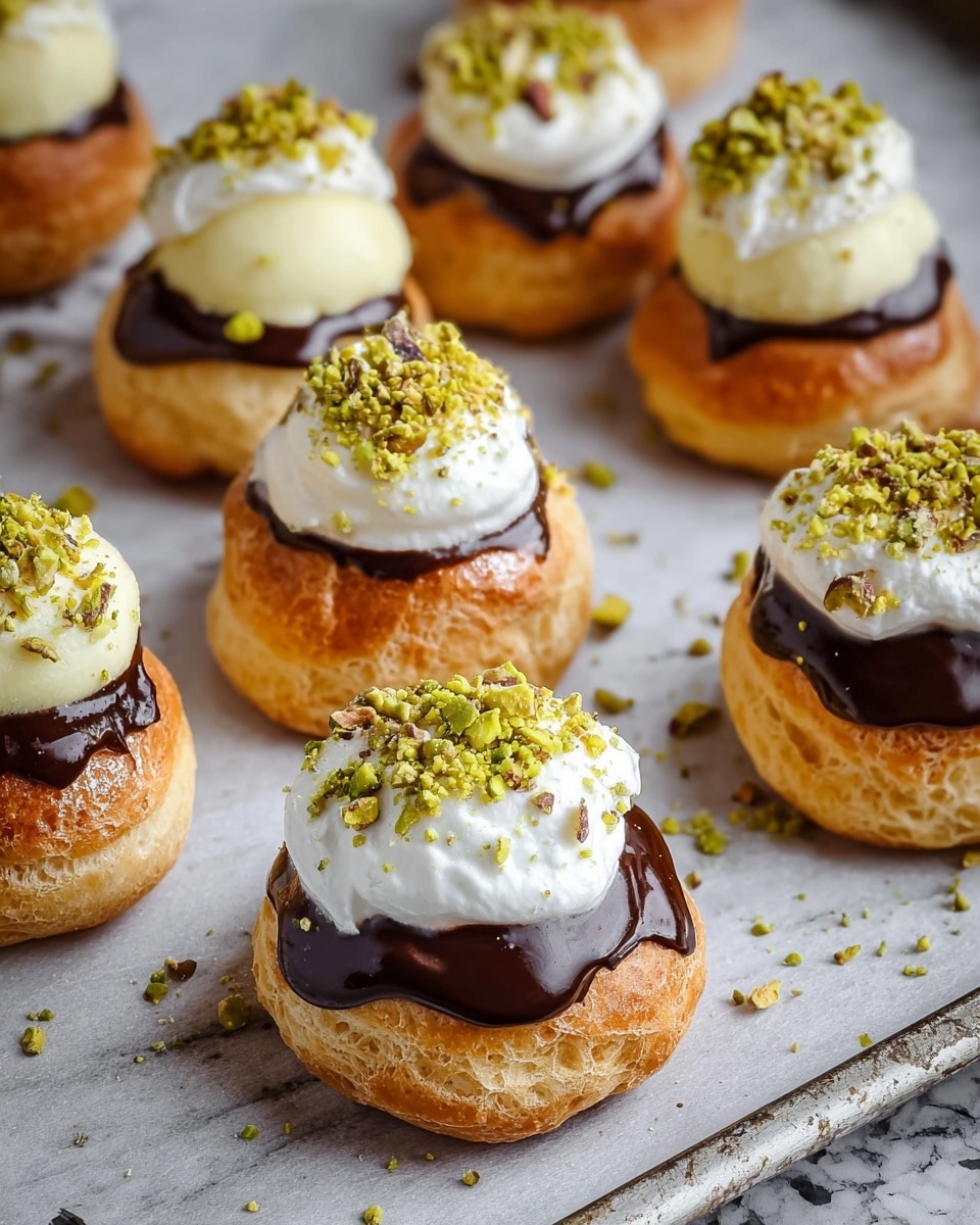 The image shows multiple small round pastries with three layers. The bottom layer is a golden brown, shiny, soft-looking puff pastry. On top of that is a thick, smooth, dark chocolate layer that spreads unevenly over the pastry. The third layer is a dollop of white cream with a smooth texture, shaped roughly like a small mound. Finally, crushed green pistachio nuts cover the white cream, giving a crunchy texture and adding color contrast. The pastries rest on white parchment paper on a white marbled surface, with small crushed pistachio pieces sprinkled around. Photo taken with an iphone --ar 4:5 --v 7