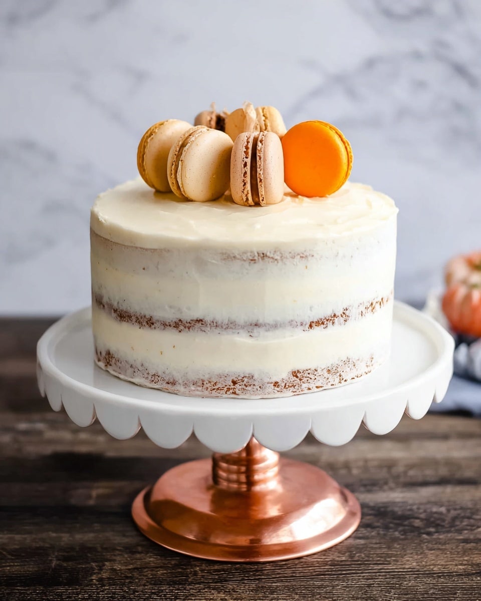 This image shows a two-layer cake with light cream-colored frosting that is spread smoothly but thinly, letting the brown cake layers show slightly through the frosting. On top of the cake, there are seven macarons in light brown, beige, and bright orange colors, arranged in a cluster near the center. The cake sits on a white cake stand with a scalloped edge and a shiny copper base. The whole setup is placed on a dark wooden surface with a white marbled texture background. photo taken with an iphone --ar 4:5 --v 7