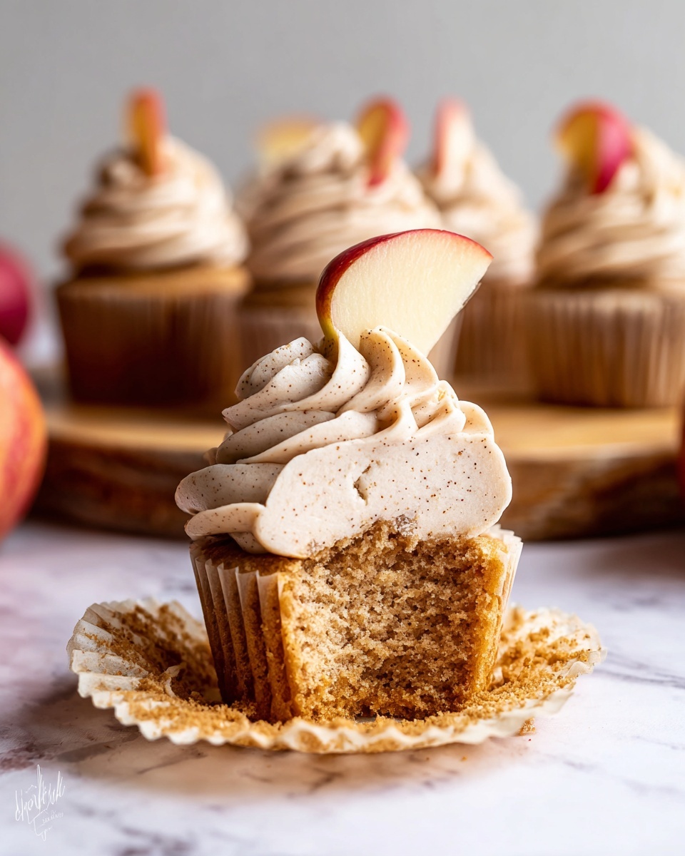 A cupcake with two layers is shown. The bottom layer is a light brown, soft cake with a crumbled texture, partially wrapped in a peeled-off beige paper liner. The top layer is a swirl of light beige cream frosting, speckled with tiny brown dots, and garnished with a fresh, thin slice of red apple placed vertically in the frosting. In the blurred background, several similar cupcakes with the same frosting and apple decoration sit on a raised wooden board on a white marbled surface. Photo taken with an iphone --ar 4:5 --v 7