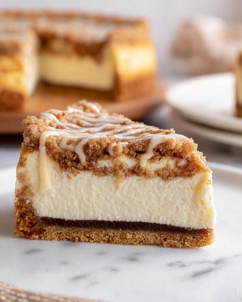 The image shows a close-up of a cheesecake with three layers: a golden brown crumbly crust at the bottom, a thick creamy white cheesecake layer in the middle, and a thin dark line above it. The top layer is a crumbly, light brown streusel with a light glaze drizzled over it. In the background, there is a blurred slice of the same cake on a white plate, all placed on a white marbled surface. Photo taken with an iphone --ar 4:5 --v 7