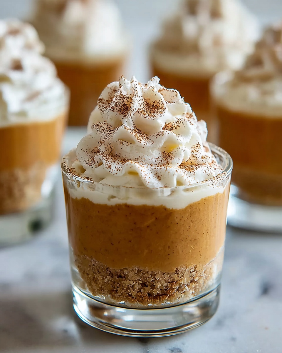 A small clear glass cup holds three layers: the bottom layer is smooth and thick light brown pumpkin filling, the middle layer is a thin crumbly beige crust, and the top layer is a swirl of white whipped cream dusted with light brown cinnamon powder. The cup sits on a white marbled surface with other similar cups blurred in the background. Photo taken with an iphone --ar 4:5 --v 7