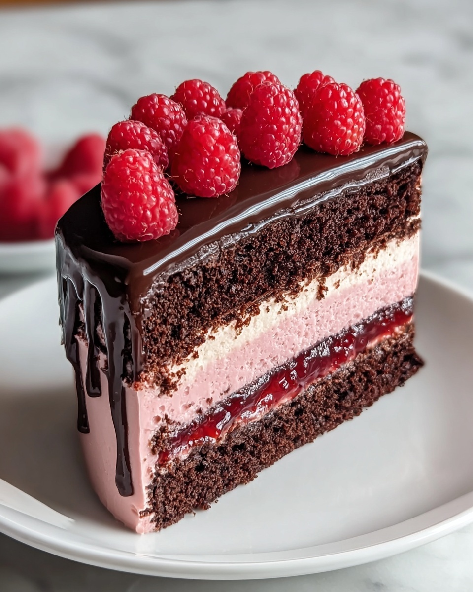 A slice of layered cake with four visible layers: the first, third, and fifth layers are dark chocolate cake with a crumbly texture, and the second and fourth layers are smooth, light pink cream. The top layer is covered with a shiny, dark chocolate glaze, and there is a small pile of fresh, bright red raspberries on top. The slice is placed on a white plate with a white marbled background. Photo taken with an iphone --ar 4:5 --v 7