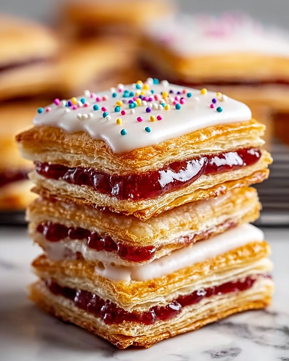 The image shows a close-up of a stack of four square layered pastries on a wire rack, set on a white marbled surface. Each pastry has a shiny, golden flaky base layer with visible puff pastry texture, followed by a dark red jam layer, then another golden flaky layer, topped with smooth white icing that has a slightly glossy look. The top pastry is decorated with small round colorful sprinkles scattered neatly across the white icing. The layers are aligned and clearly visible, showing the contrast between the golden pastry, red jam, and white icing. Photo taken with an iphone --ar 4:5 --v 7