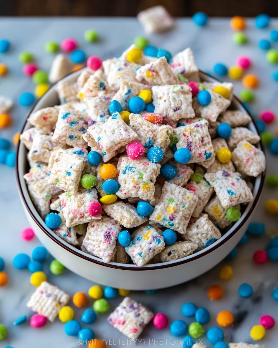 A white bowl filled with small square cereal pieces covered in white coating and sprinkled with colorful round confetti-like dots mainly in blue, yellow, pink, and green. The cereal pieces are piled high and overflow slightly from the bowl, with some scattered brightly colored candy pieces around it on a white marbled surface. The bowl has a thin dark rim that frames the vibrant cereal inside. Photo taken with an iphone --ar 4:5 --v 7