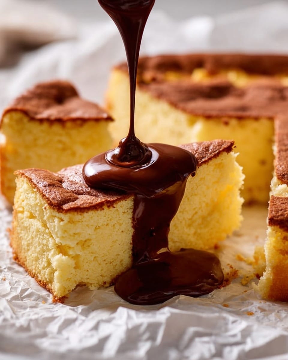 A thick slice of soft yellow cake with a slightly browned top sits on crumpled white paper on a white marbled surface. A rich, glossy dark chocolate sauce is being poured over the center of the slice, flowing down the sides. The texture of the cake looks smooth and creamy inside with a light fluffiness, while the top has a slightly cracked, baked crust. Nearby are more pieces of the same cake still on the paper. Photo taken with an iphone --ar 4:5 --v 7