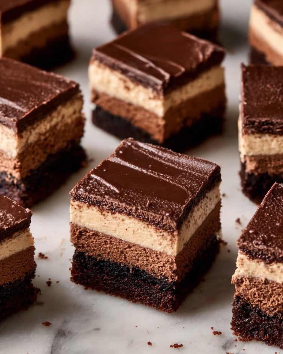 The image shows several square pieces of layered chocolate dessert arranged on a white marbled surface. Each piece has three layers: a bottom dark chocolate cake layer that looks moist and rich, a middle lighter brown chocolate cake layer with a soft, fluffy texture, and a thin top layer of light tan frosting with a smooth, creamy finish. Some pieces have a final thin layer of dark chocolate glaze with a slightly rough, shiny surface. The cubes are cut neatly and placed closely together, showing the contrast between the dark, light, and creamy brown layers. Photo taken with an iphone --ar 4:5 --v 7