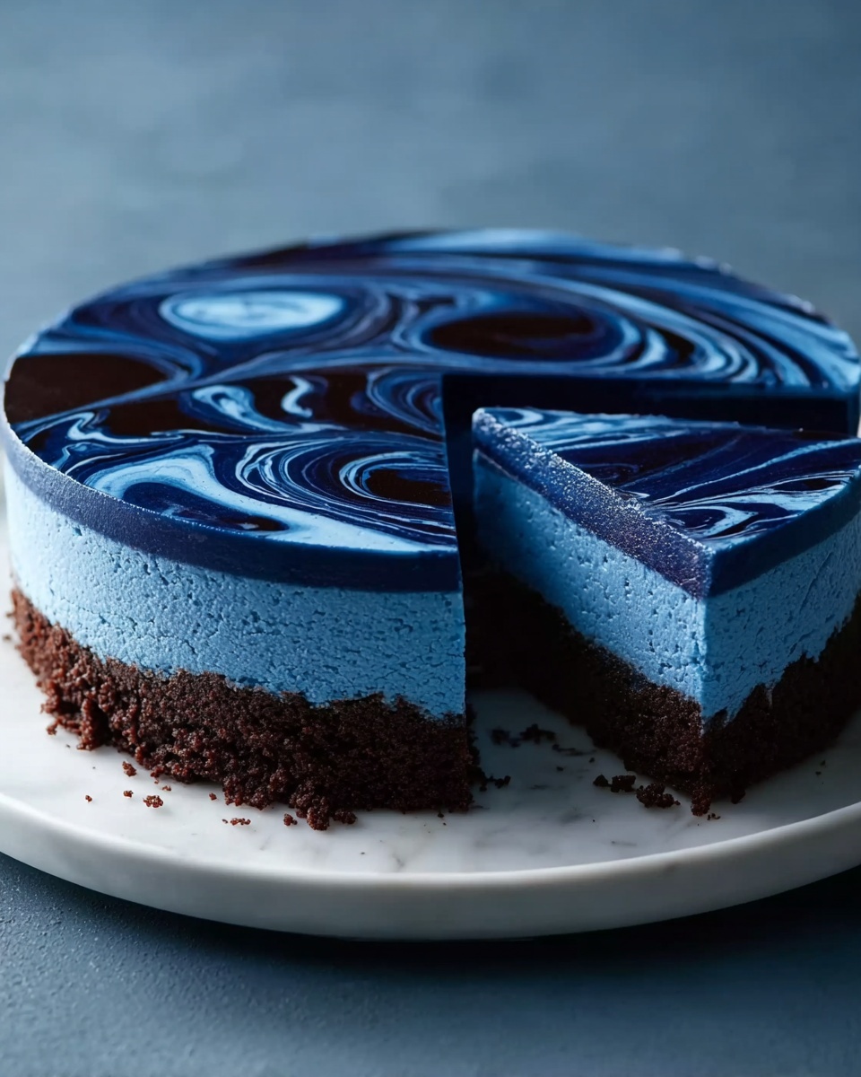 A round cake with two layers sits on a white plate on a white marbled surface. The bottom layer is dark brown with a crumbly texture. The top layer is thick and smooth with a deep blue color, decorated with dark swirls on the surface creating a marble effect. One slice of the cake is cut and slightly pulled out, showing the clean layers and creamy texture of the blue topping. The photo taken with an iphone --ar 4:5 --v 7
