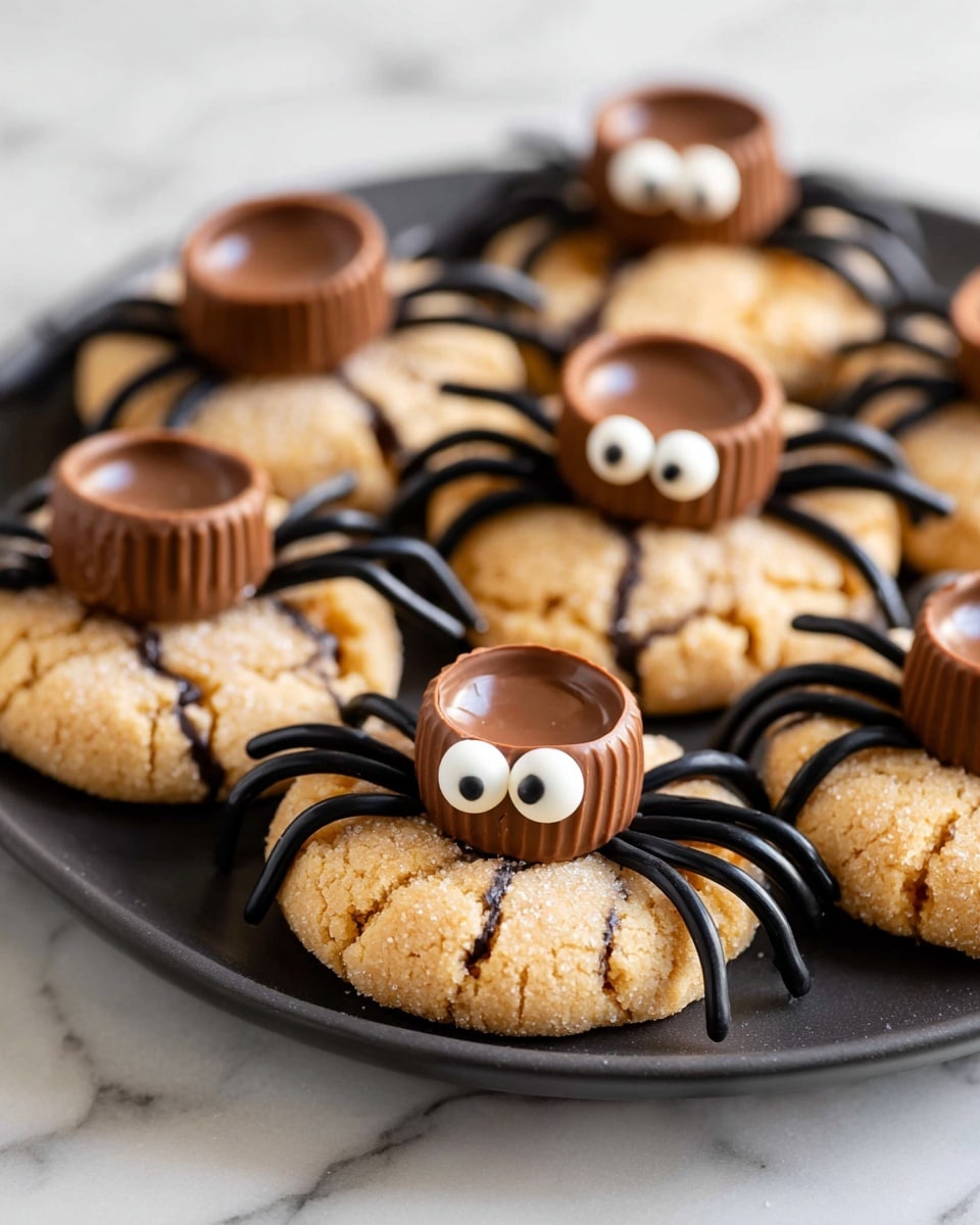 The image shows a black plate filled with round cookies that look like spiders. Each cookie has a light brown, sugar-coated base with cracks on the surface and is decorated with black chocolate stripes across it, creating a spider leg effect. On top of each cookie, there is a small cup-shaped chocolate sitting in the center. Just below the chocolate cup, there are two white candy eyes with black dots placed close together, giving the cookies a playful spider face. Fake black spider legs made of thin sticks extend from the sides of the cookies. The plate is set on a white marbled surface, with soft lighting highlighting the textures and details. Photo taken with an iphone --ar 4:5 --v 7