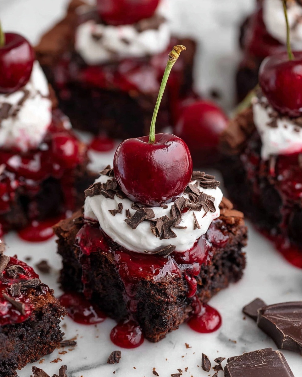 The image shows several square dark brown brownies with a rough, cracked surface. Each brownie is topped with a thick, shiny deep red cherry sauce that drips down the sides. On top of the sauce is a dollop of soft white whipped cream, with small dark chocolate shavings sprinkled over it. A large, glossy dark red cherry with a light green stem sits on the peak of the whipped cream. The brownies are placed on a white marbled surface with some loose dark red cherries and pieces of dark chocolate scattered around them. photo taken with an iphone --ar 4:5 --v 7