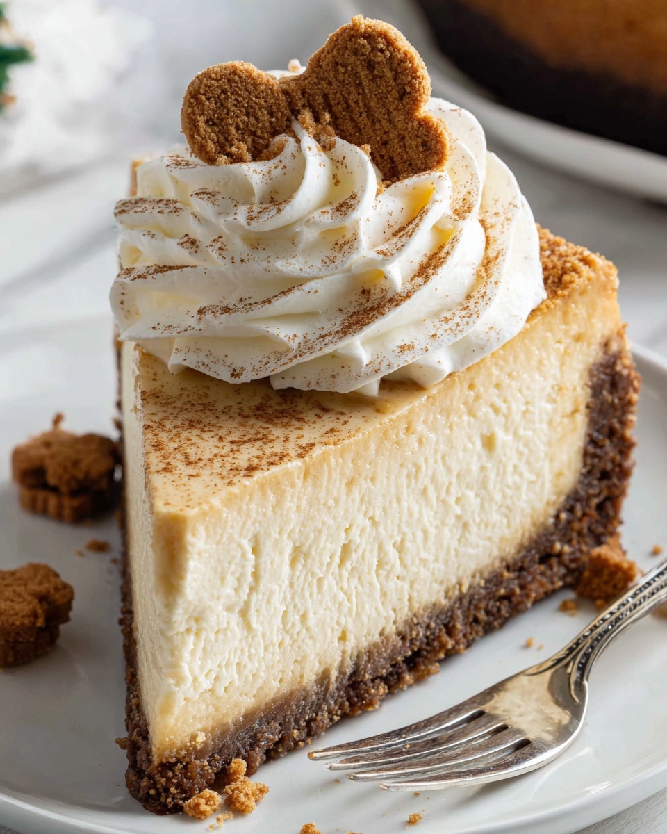 A slice of cheesecake is shown with three main layers: a thick, crumbly dark brown crust at the bottom, a smooth beige cheesecake filling in the middle, and a large swirl of white whipped cream on top. The whipped cream has a soft, fluffy texture and is sprinkled lightly with cinnamon powder. A crumbled small brown cookie piece is placed on the whipped cream, with a couple of crumbs scattered around the base of the slice. The slice sits on a white plate with a shiny silver fork beside it, and the background is a white marbled texture. photo taken with an iphone --ar 4:5 --v 7