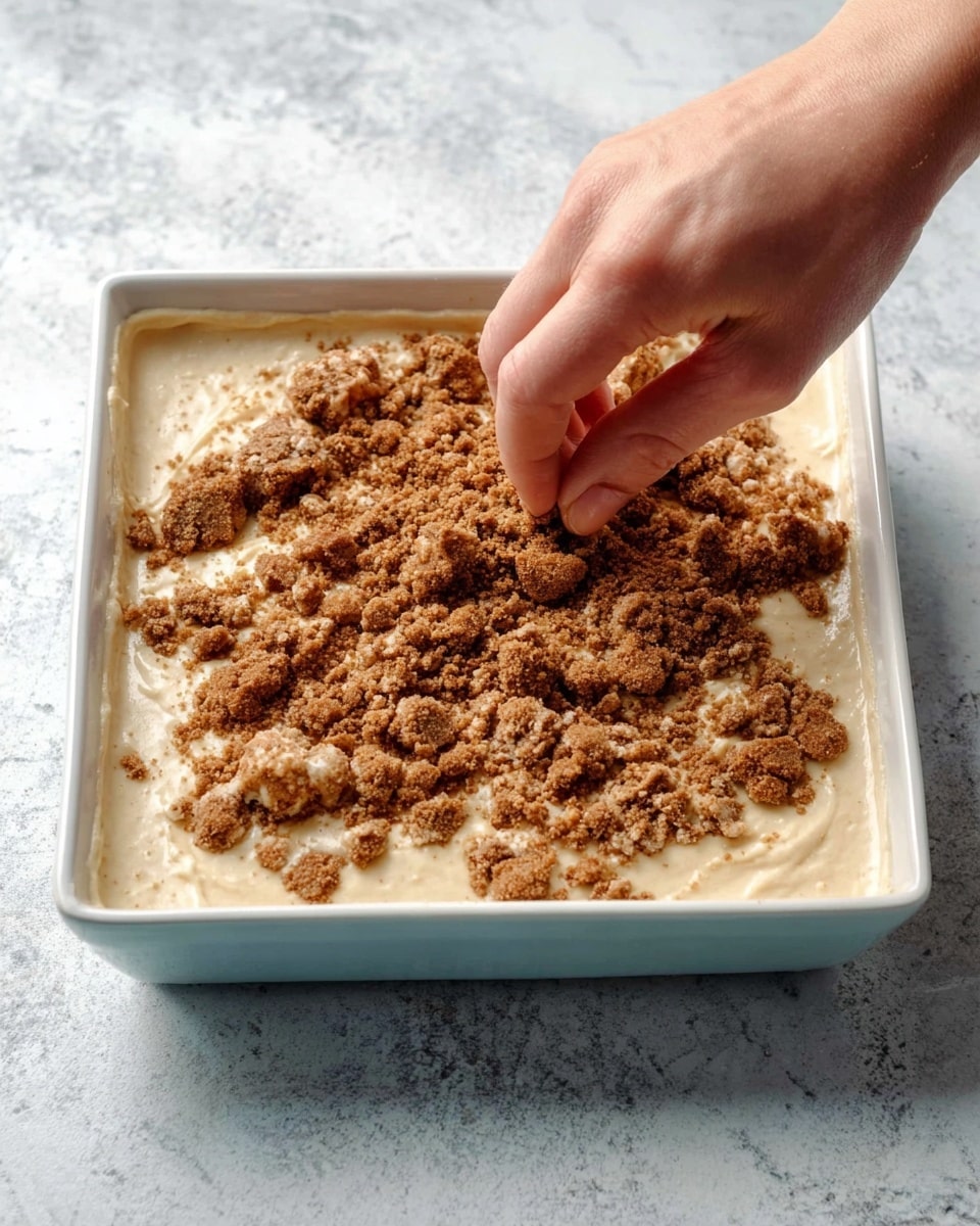 A woman's hand sprinkles crumbled brown topping over a creamy light beige batter in a square white dish. The batter fills the dish evenly with a smooth and thick texture. The crumbles are rough and uneven, scattered mostly in the middle and spreading outward. The dish sits on a white marbled surface with soft natural light highlighting the textures. photo taken with an iphone --ar 4:5 --v 7