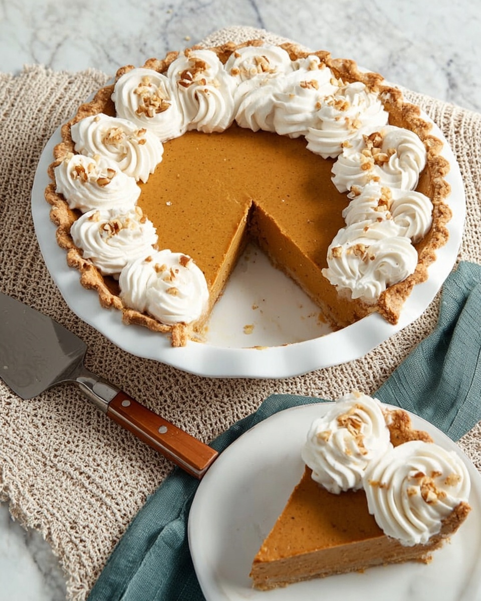 A pumpkin pie with a thick light orange filling sits in a white pie dish with a crimped golden-brown crust. On top, large swirls of white whipped cream are placed evenly around the edge, sprinkled with small bits of nuts. One slice is removed and placed on a white plate next to the pie, showing the smooth inside of the pie and the crust's texture. A silver pie server with a wooden handle rests beside the pie on a white marbled surface partly covered with a textured cloth. Photo taken with an iphone --ar 4:5 --v 7