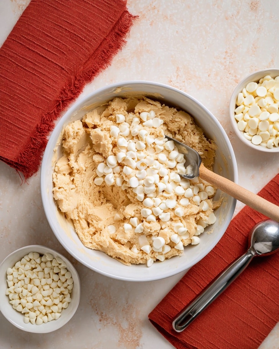 A white bowl filled with light tan cookie dough mixed with many small white chocolate chips on top, showing a creamy, soft texture with a wooden spatula partially dipped inside the dough. Next to the bowl, there is a smaller white bowl filled with more white chocolate chips. A silver ice cream scoop rests on a folded red cloth beside the bowls. The whole scene is set on a white marbled surface. photo taken with an iphone --ar 4:5 --v 7