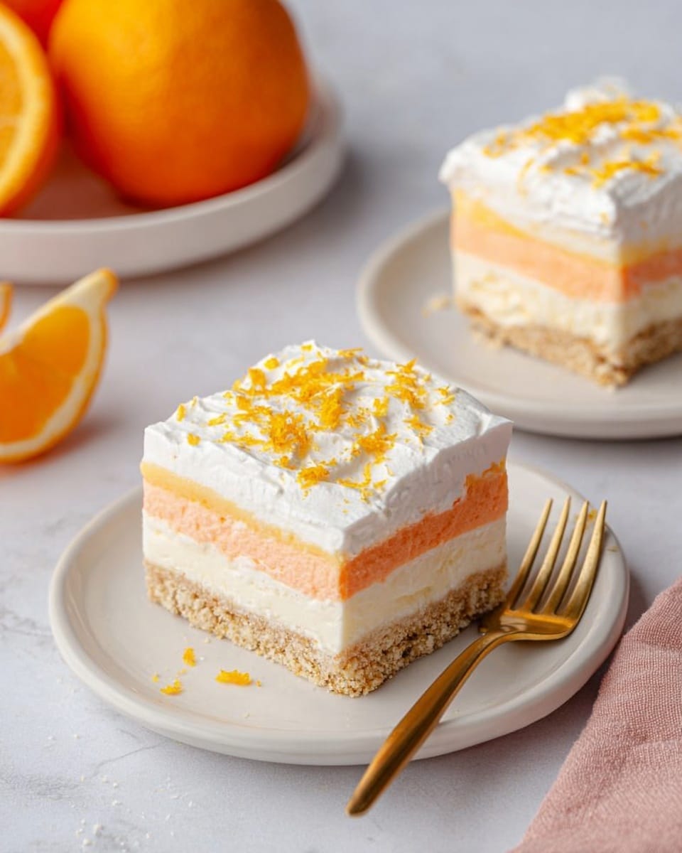 The image shows two square slices of a layered dessert placed on white plates on a white marbled surface. Each dessert has three distinct layers: a crumbly light brown base, a middle cream layer in white, and a top cream layer in light orange. The dessert is topped with a thick layer of white whipped cream sprinkled with small pieces of orange zest. One slice is closer to the viewer with a gold fork beside its plate, while another piece is in the background. There is also an orange fruit placed in a white bowl in the background. Photo taken with an iphone --ar 4:5 --v 7