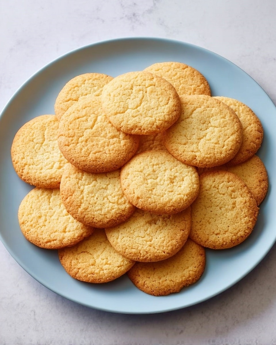 A white plate filled with one layer of round, light golden brown cookies slightly textured on top, arranged neatly to cover the plate in an overlapping pattern. The surface beneath the plate is a white marbled texture. Photo taken with an iphone --ar 4:5 --v 7