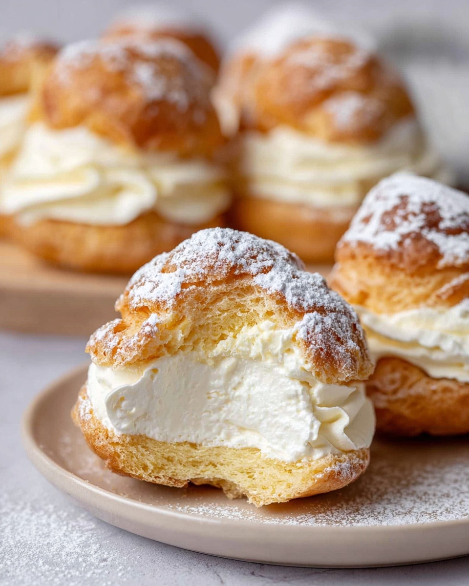 This image shows a close-up of cream puffs on a light beige plate with a white marbled background. Each cream puff has three main layers: a bottom golden-brown pastry base that looks light and airy, a thick middle layer of white creamy filling with a soft texture, and a top golden-brown pastry lid dusted with powdered sugar. One cream puff in the front is cut in half, showing the thick creamy filling inside clearly. The plate holds multiple cream puffs, with more in the blurred background. Photo taken with an iphone --ar 4:5 --v 7